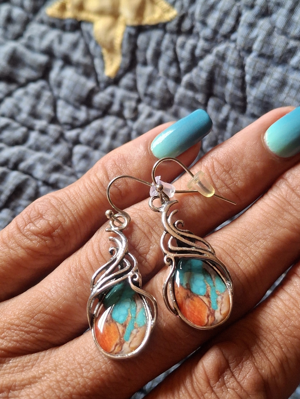 Artisan Turquoise & Orange Teardrop Dangle Earrings - Women Jewelry